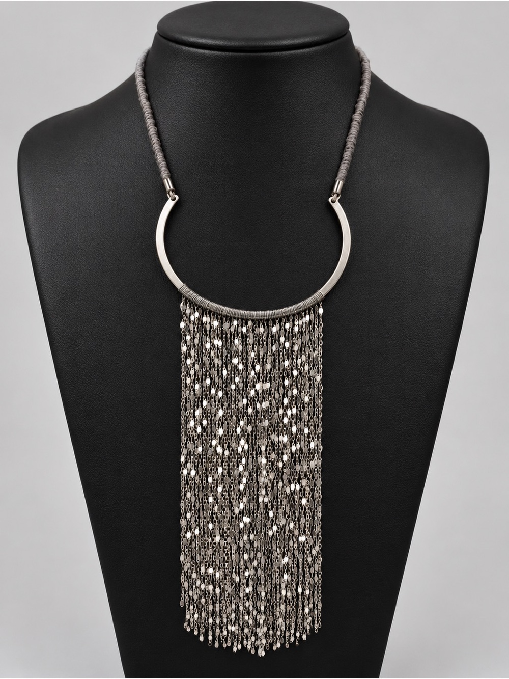 Anthropologie Serafina Silver Fringe Tassel Crescent Bib Statement Necklace